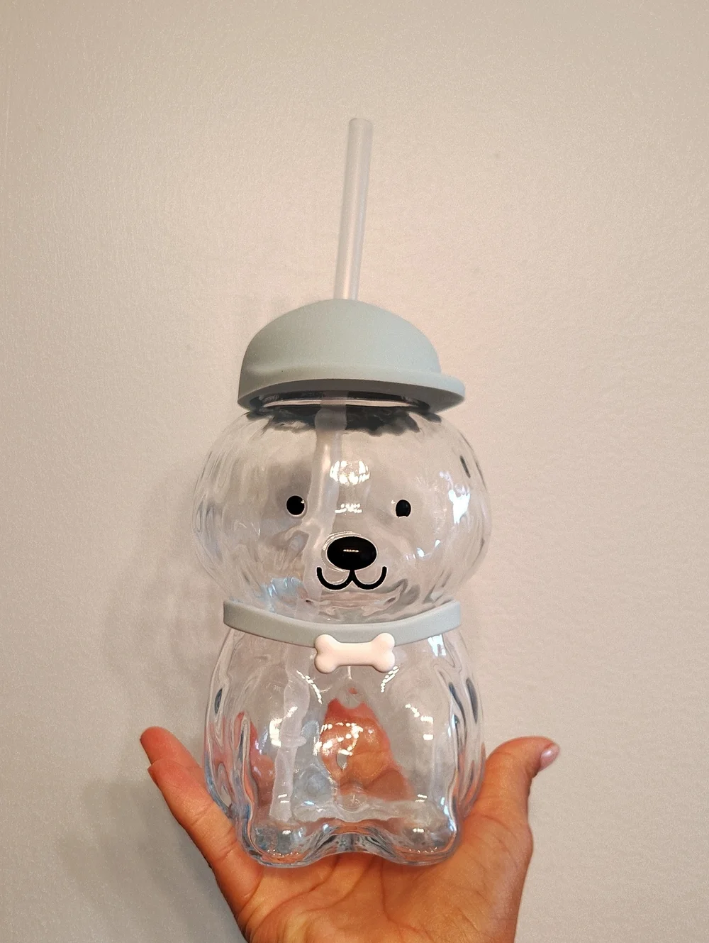 Cute Bear Shaped Clear Drink Cup with Light Blue Lid & Collar